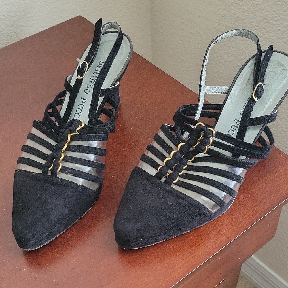 Berardo Pucci Black and Gold Strappy Heels.
